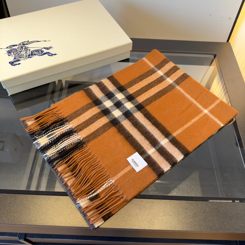 Camel and Chocolate Plaid Cashmere Scarf