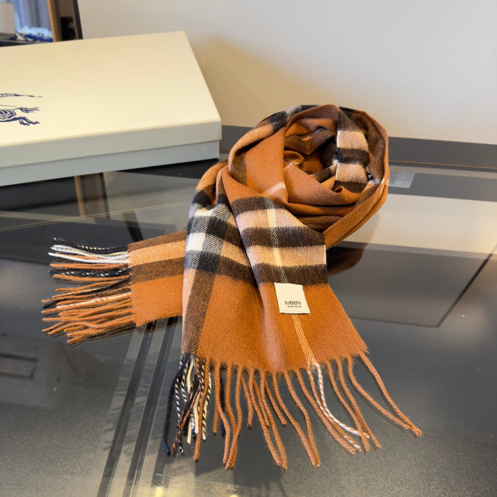 Camel and Chocolate Plaid Cashmere Scarf