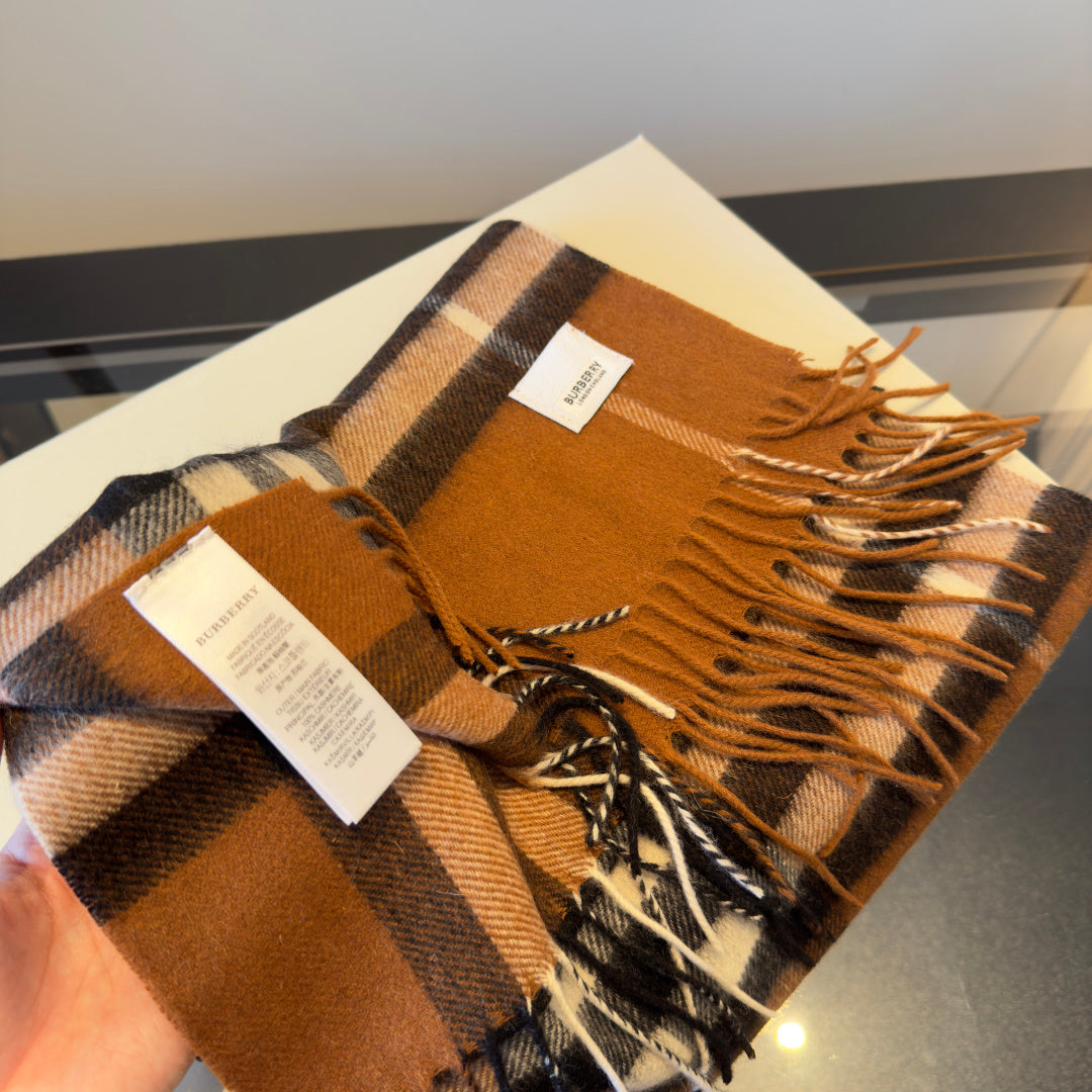Camel and Chocolate Plaid Cashmere Scarf