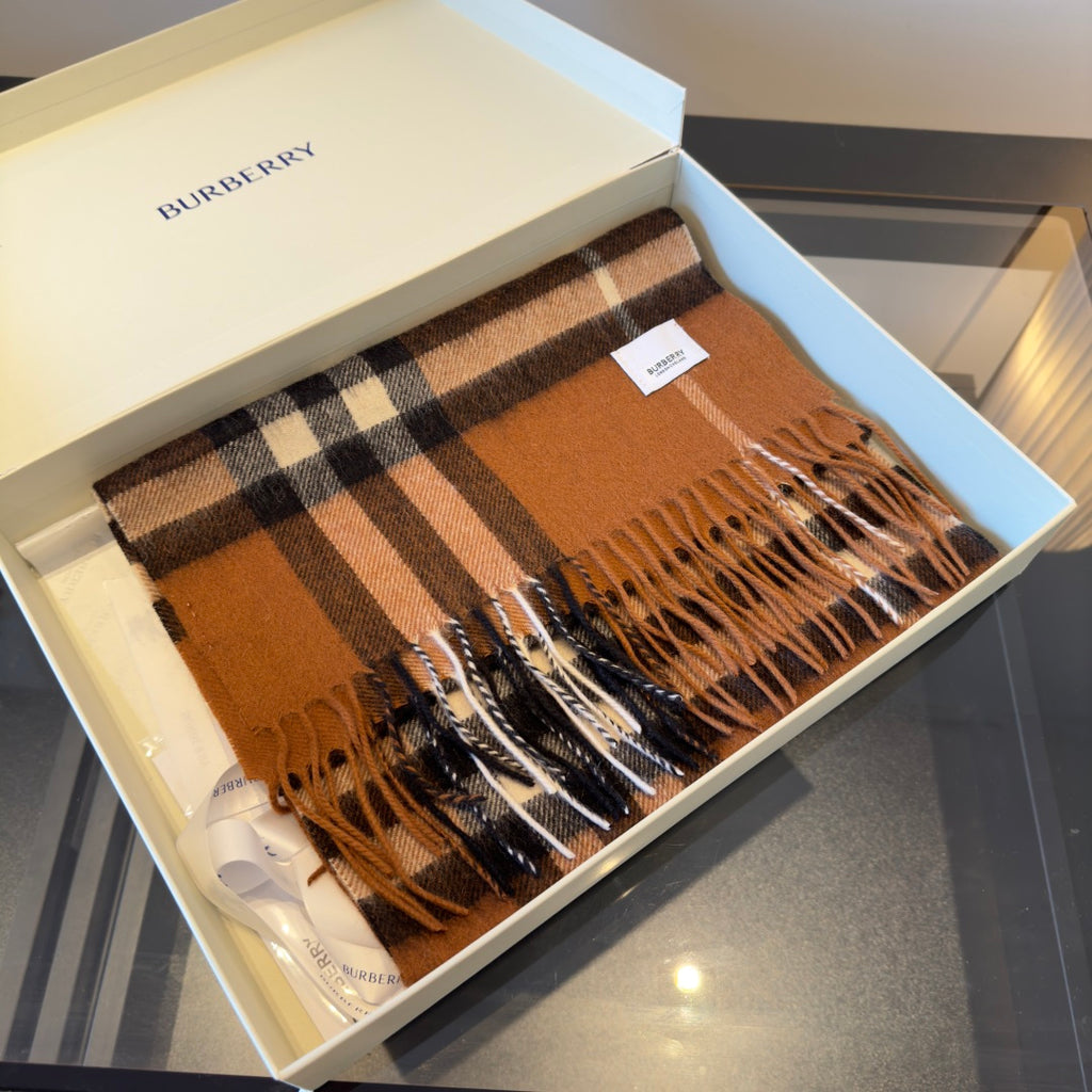 Camel and Chocolate Plaid Cashmere Scarf